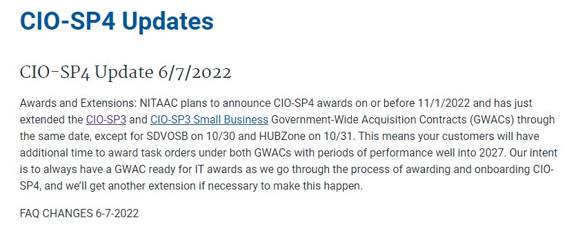 Screenshot of CIO-SP4 update from NITAAC showing a planned award of 11/1/22.
