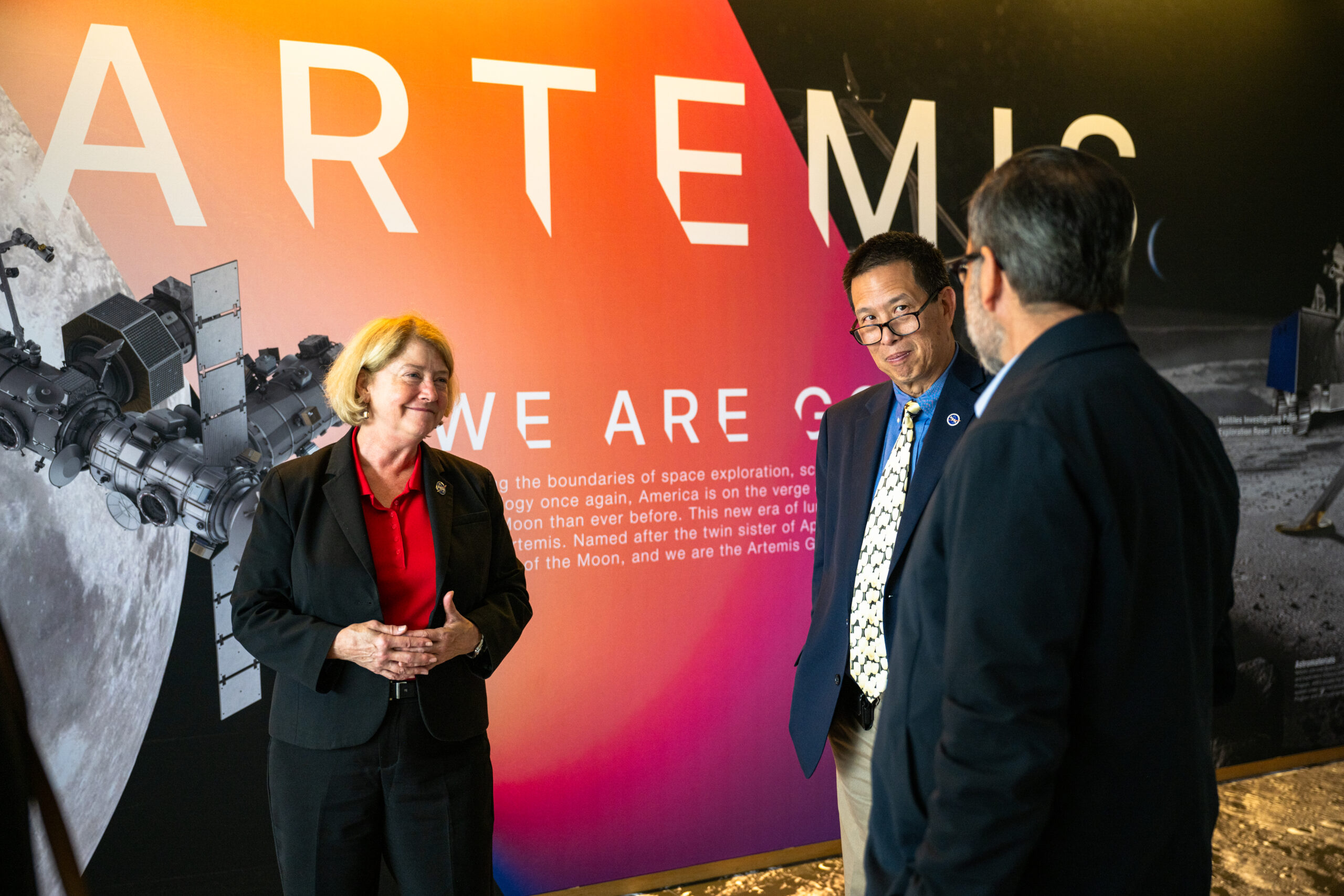 NASA Deputy Administrator Pam Melroy (left) and Center Director at NASA’s Ames Research Center Eugene Tu (right) hear from Ames employees Sept. 16, 2024. NASA/Brandon Torres Navarrete